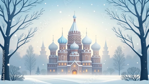 Majestic st basils cathedral in moscow russia bathed in soft winter light surrounded by snow covered trees and gentle snowfall