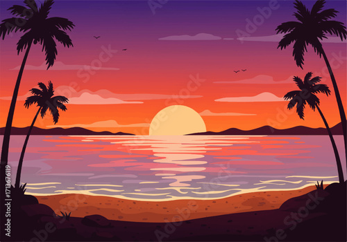 A vibrant sunset over the ocean, framed by silhouetted palm trees on a sandy beach, creating a serene tropical scene.