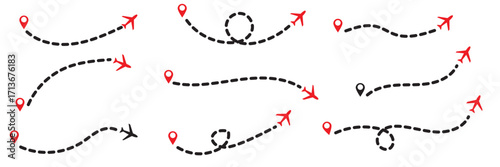 Flight plane map. Plane flight with arrow. Airline map route. Airplane line path icon. Air plane flight route with line trace. Map pins, location pins. Travel from start point and dotted line tracing.