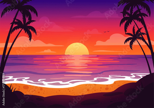 A vibrant sunset over the ocean, framed by silhouetted palm trees and a sandy beach, with colorful clouds.