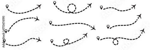 Flight plane map. Plane flight with arrow. Airline map route. Airplane line path icon. Air plane flight route with line trace. Map pins, location pins. Travel from start point and dotted line tracing.
