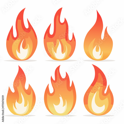 Vector illustration set of stylized fire flames and icons, a symbol of hot, burning danger and power