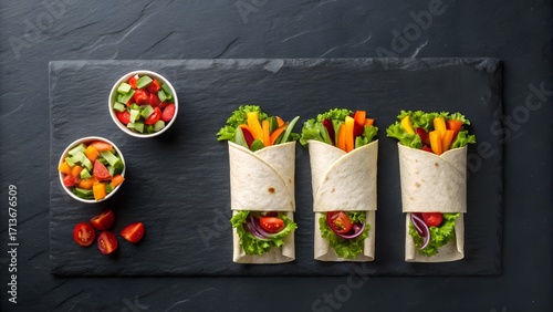 vegetable wraps lunch setup on dark slate background, overhead top-down view, minimal styling, fresh healthy meal with space for text, bright and appetizing composition
