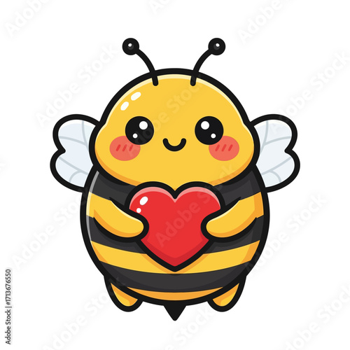 A cute, chubby cartoon bee with a happy smile, holding a shiny red heart in its hands.