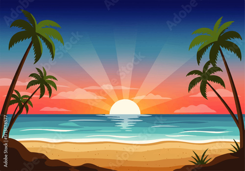 Tropical beach scene with palm trees framing a vibrant sunset over the ocean, casting light rays across the sky.