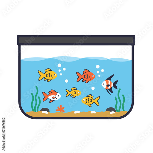 Aquarium featuring six fish, plants, sandy bottom. Perfect for aquatic, pet, aquatic store brochures, pet shop websites, educational material.