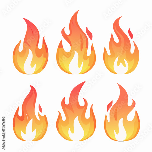 An abstract vector illustration set of orange and yellow hot fire flames burning with powerful heat and light