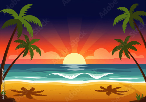Vibrant cartoon illustration of a tropical beach at sunset with palm trees framing a golden sun reflecting on gentle waves.