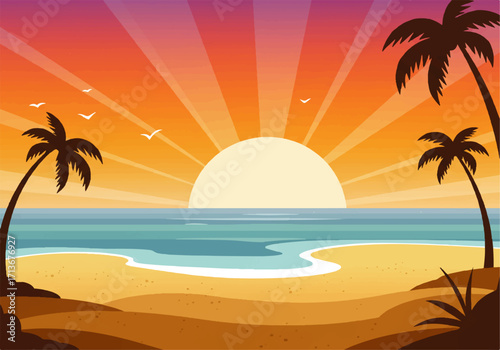 A vibrant sunset over a tropical beach with palm trees, calm ocean waves, and birds flying in the colorful sky.