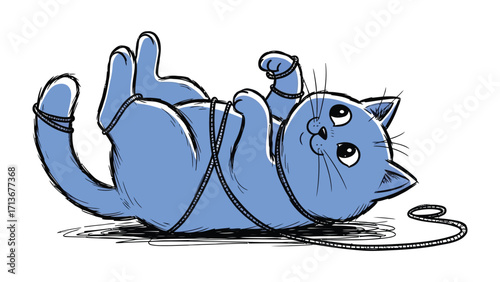 Playful Kitten with String: This charming illustration captures a playful kitten entangled in a string. The image evokes feelings of innocence, amusement, and the curious nature of cats. 