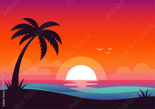A vibrant sunset illustration featuring a silhouetted palm tree on a beach, with birds flying over the ocean and a colorful sky.