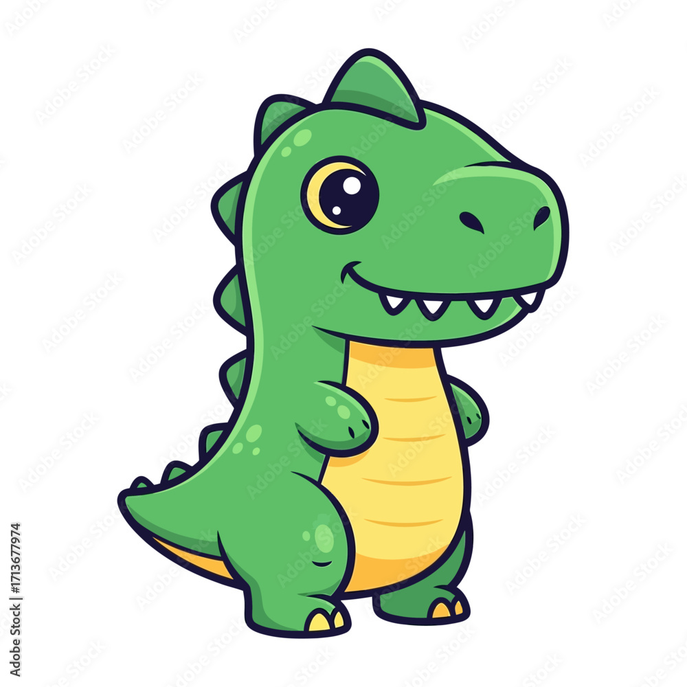 Naklejka premium Adorable Cartoon Green Dinosaur with Big Eyes and Spikes.