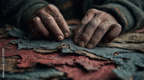 Close-up of artisan’s weathered hands sorting layered leather scraps on a workbench, highlighting the tactile essence, patience, and traditional craftsmanship of handmade leatherworking in a rustic se