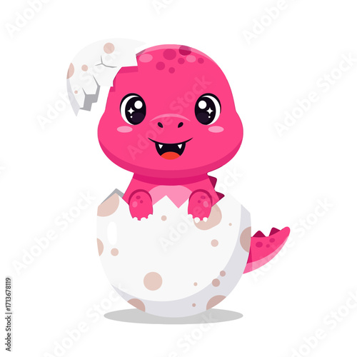 Adorable pink baby dinosaur with big shiny eyes hatching from a cracked, speckled egg, wearing an eggshell piece as a hat.