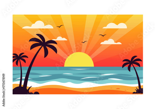 A vibrant illustration of a tropical beach at sunset with palm trees, gentle waves, clouds, birds, and a radiant sun.