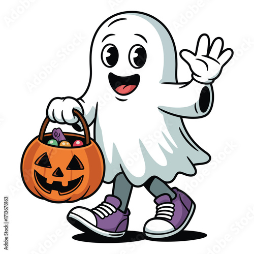Vector art of cartoon illustration of a ghost carrying a pumpkin bucket with candy halloween holiday and celebration