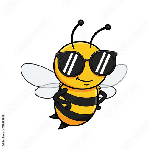 Cartoon Bee Wearing Sunglasses with a Smiling Expression and Posed Arms.