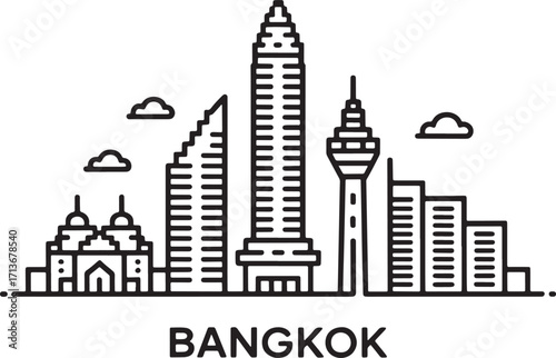Bangkok Cityscape Outline Vector Design with Modern Buildings and Landmarks Illustration