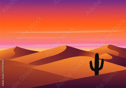 Illustration of a desert landscape with sand dunes and a silhouetted cactus against a vibrant orange and purple sunset sky.
