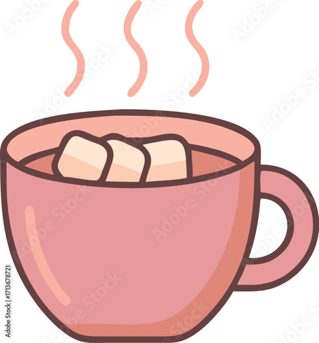 Pink cup of hot chocolate with marshmallows and steam cocoa drink style vector illustration EPS file download