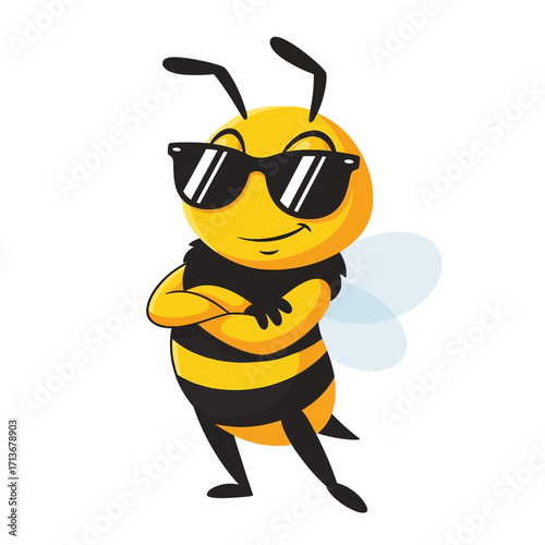 Cool Bee Cartoon Character with Sunglasses, Arms Crossed.
