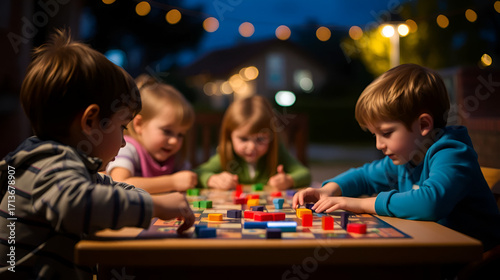 children playing board games at night, blurred