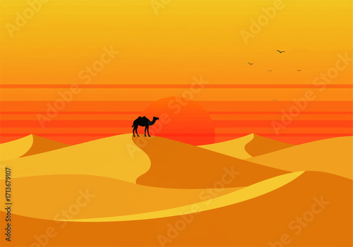 Silhouette of a camel standing atop a sand dune in a desert landscape at sunset, with birds flying overhead.