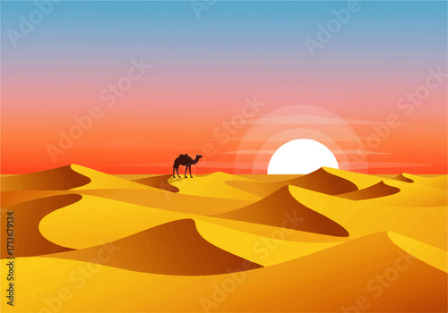 A camel silhouetted against a rising sun walks across a vast, undulating desert landscape of golden sand dunes.