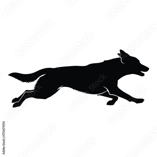 Dynamic black silhouette of a dog running with energy and speed