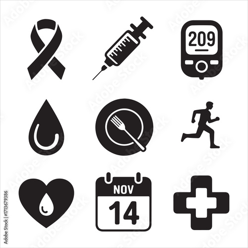 world diabetes day vactor art icon pack silhouette icon set vector banner bandle black and white backgrount