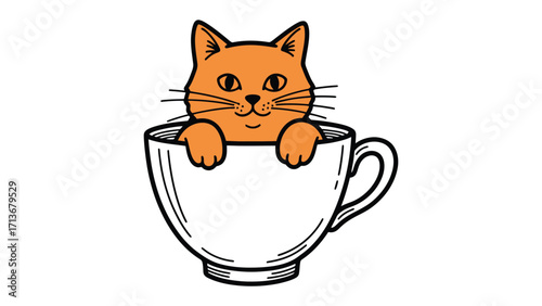 Cute cat in cup: Charming feline relaxes inside a large teacup, exuding warmth and friendliness, this drawing captures a moment of purrfect comfort and adorable joy.