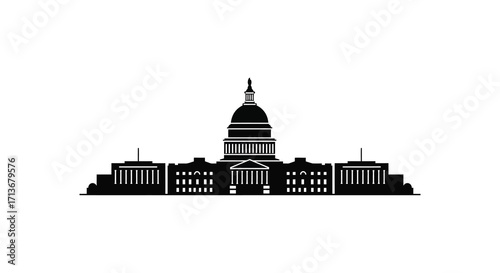 A striking black silhouette of a classical capitol building facade