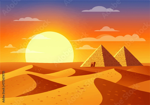 Cartoon illustration of the Egyptian desert with sand dunes, pyramids, and a large sun setting against an orange and blue sky.