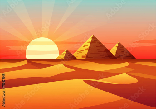 Illustration of three pyramids in a desert landscape with a bright sun setting over the horizon, casting warm colors.