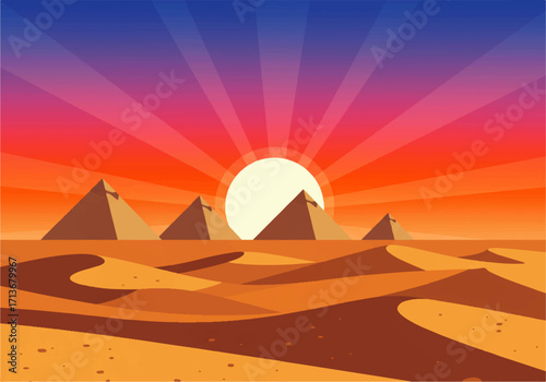 Illustration of the Egyptian pyramids at sunset with a radiating sun and sand dunes in the foreground.
