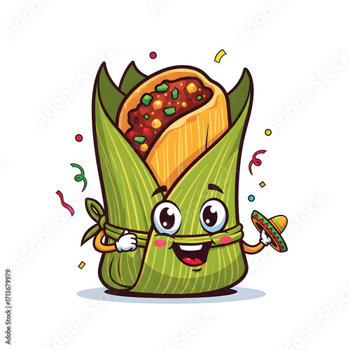 Cheerful Tamale Character Holding Sombrero and Celebrating