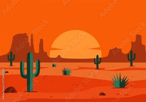 Desert landscape illustration featuring cacti, rocks, and mesas under a setting sun in a warm orange color palette.