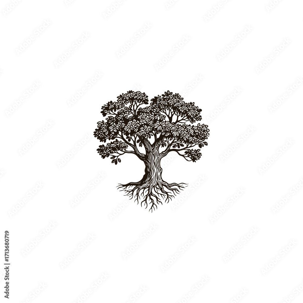 Fototapeta premium illustration of a lush tree with thick trunk and exposed roots, enclosed within a white heart shape. vector template