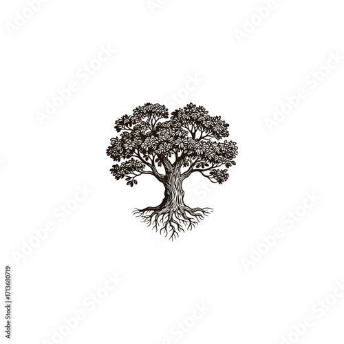 illustration of a lush tree with thick trunk and exposed roots, enclosed within a white heart shape. vector template
