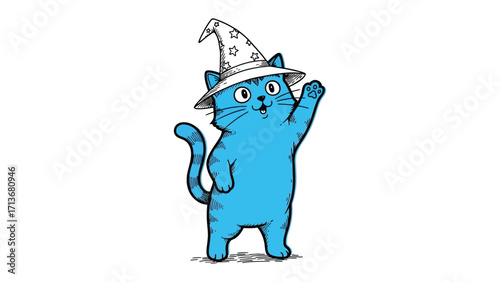Enchanting Blue Wizard Cat: A whimsical illustration features a charming blue cat adorned with a wizard hat, gesturing playfully, evoking a sense of magical fantasy and childlike wonder.