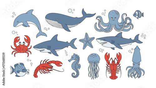 Marine Life Collage: A vibrant collection of whimsical marine life illustrations, from playful dolphins and mighty whales to curious octopuses and elegant seahorses.