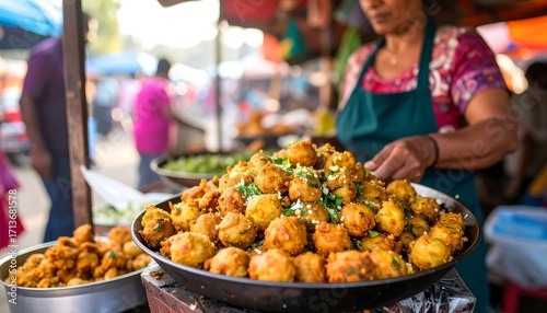 Street food vendor preparing savory balls