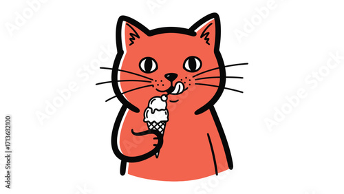 Cat's Sweet Treat: Whimsical illustration of a cheerful cat indulging in a delightful ice cream cone, showcasing simple joy and the sweetness of life.