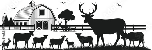 Farm Animals Silhouette with Deer, Cows, and Barn