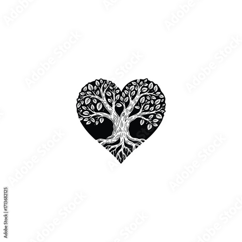 illustration of a lush tree with thick trunk and exposed roots, enclosed within a white heart shape. vector template