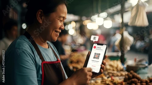 Asian Vendor Uses Mobile Payment at Food Market, Empowering Small Business Growth