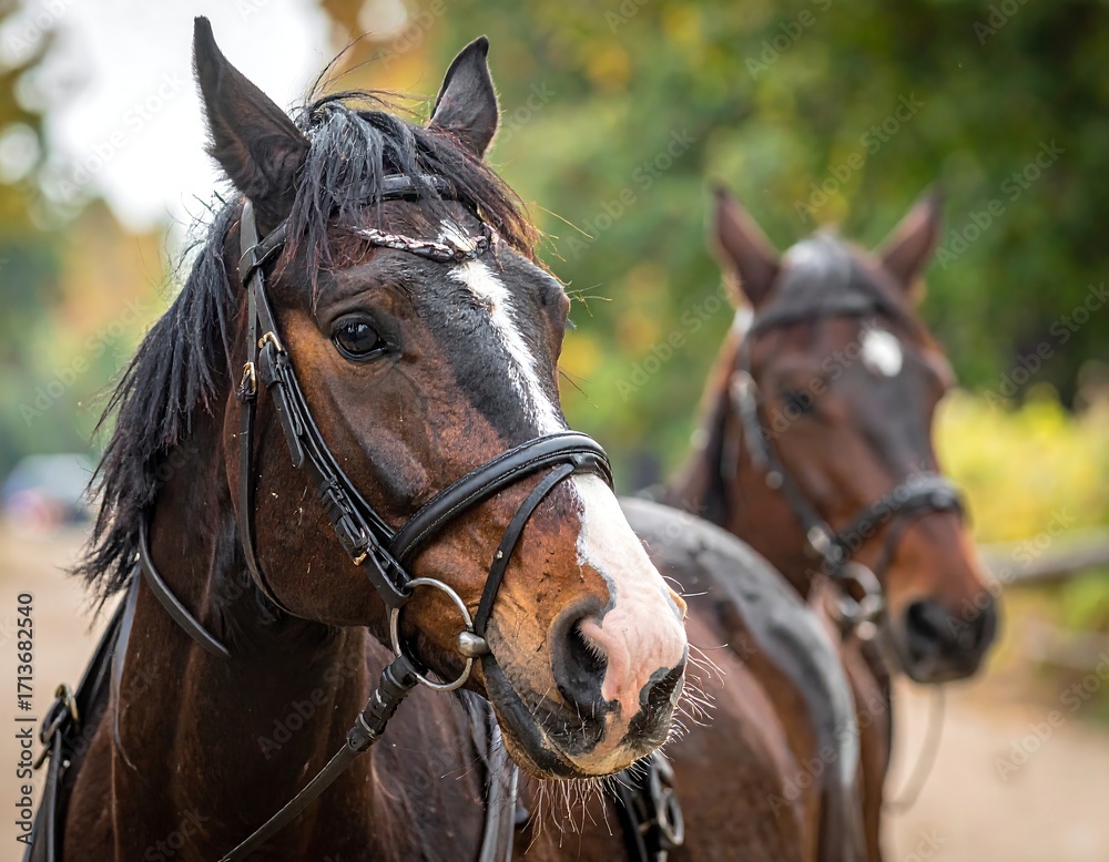 Fototapeta premium Two horses in harness
