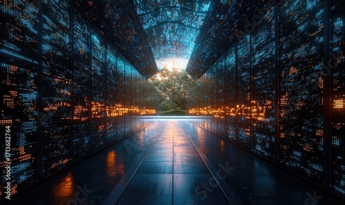 Futuristic tunnel with glowing panels. Sunlight streams through to a serene garden