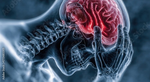 X-ray-like image of a skull and skeleton with a highlighted, inflamed brain, hands clutching head in pain