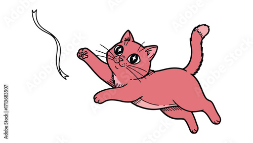 Playful Pink Feline: A delightful illustrated pink cat is joyfully leaping, captivated by a playful ribbon, perfect for evoking a sense of childhood glee and domestic joy.